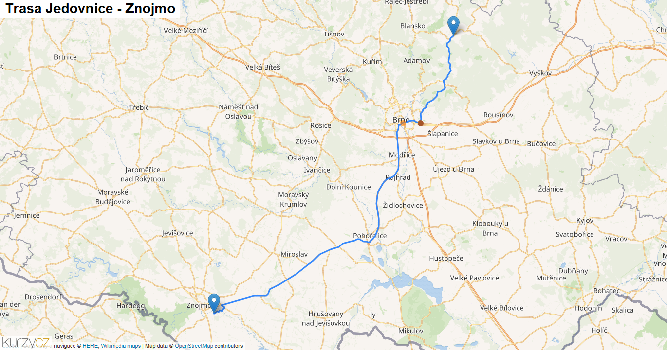 Jedovnice-Znojmo, mapa trasy