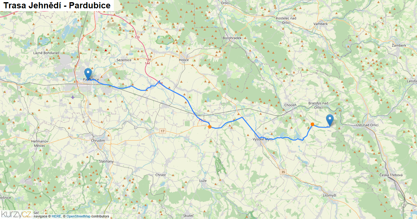 Jehnědí-Pardubice, mapa trasy
