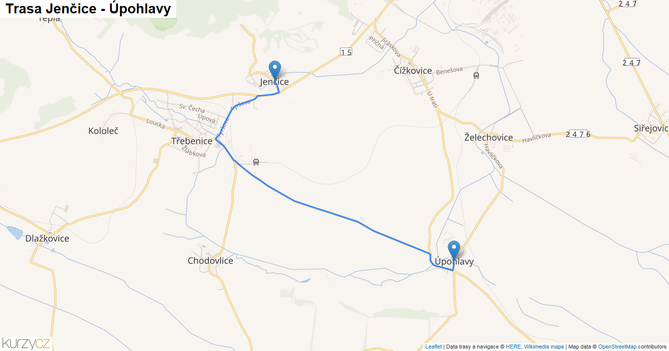 Jenčice-Úpohlavy, mapa trasy