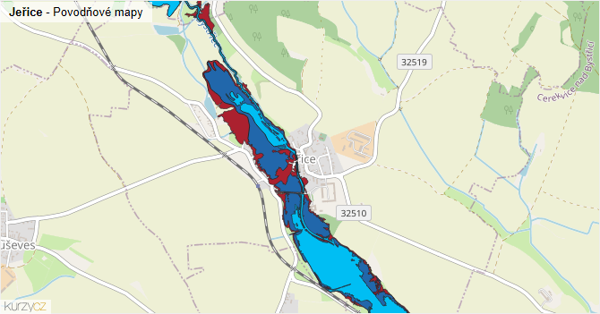Jeřice - záplavové mapy stoleté vody