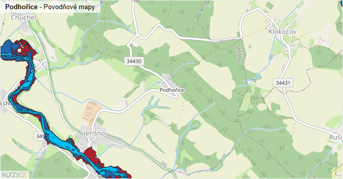 Podhořice - záplavové mapy stoleté vody