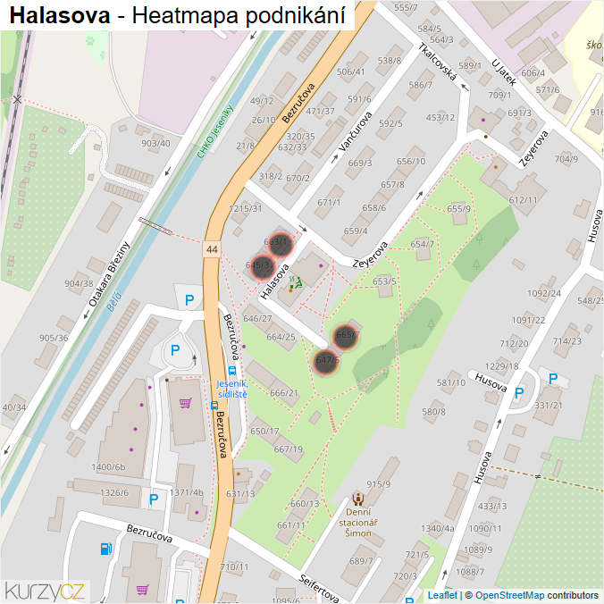 Mapa Halasova - Firmy v ulici.