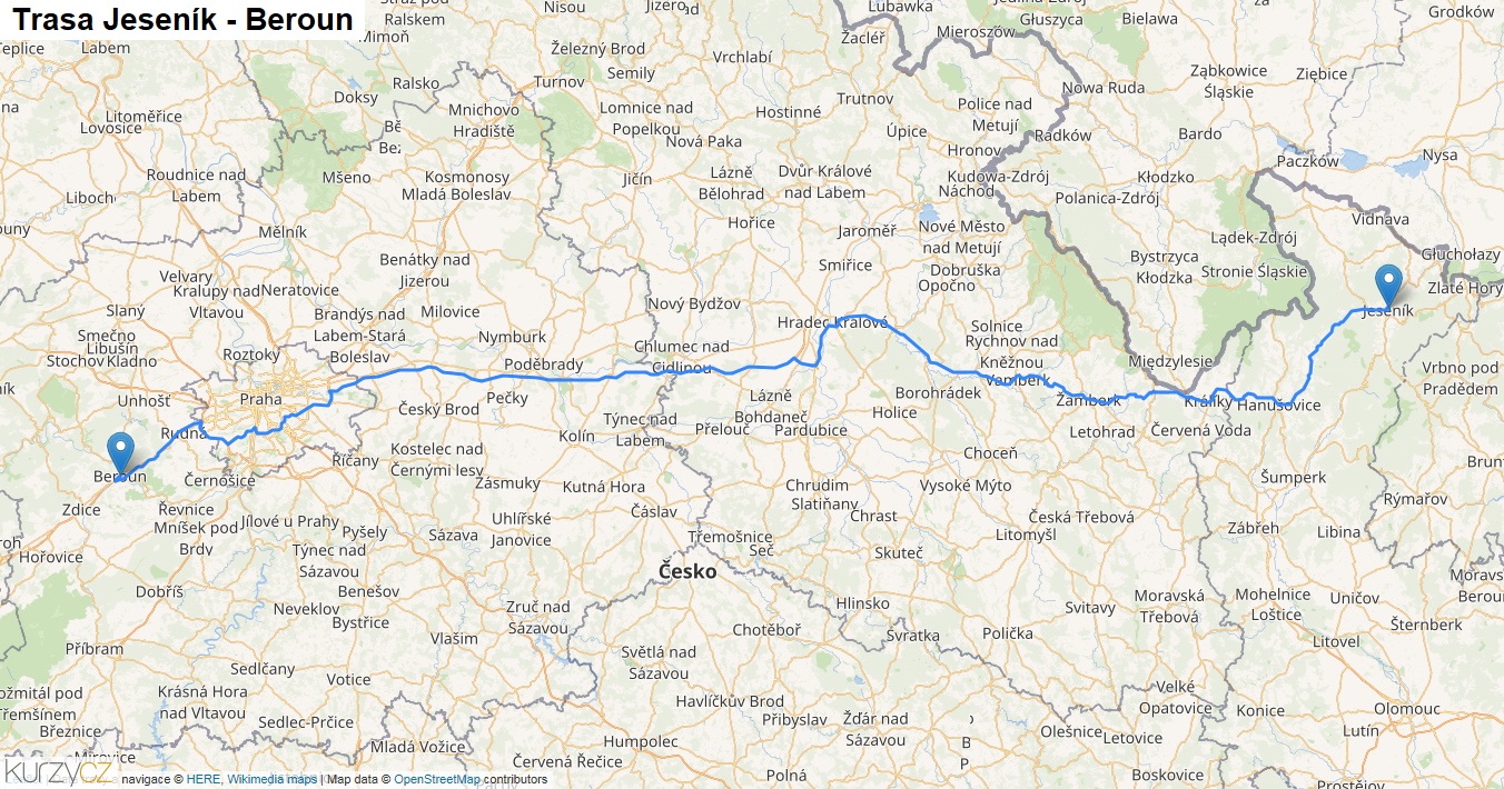 Jeseník-Beroun, mapa trasy