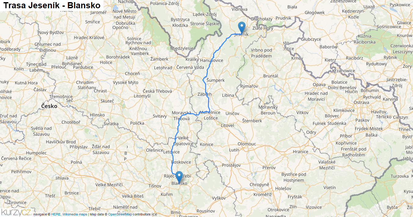 Jeseník-Blansko, mapa trasy