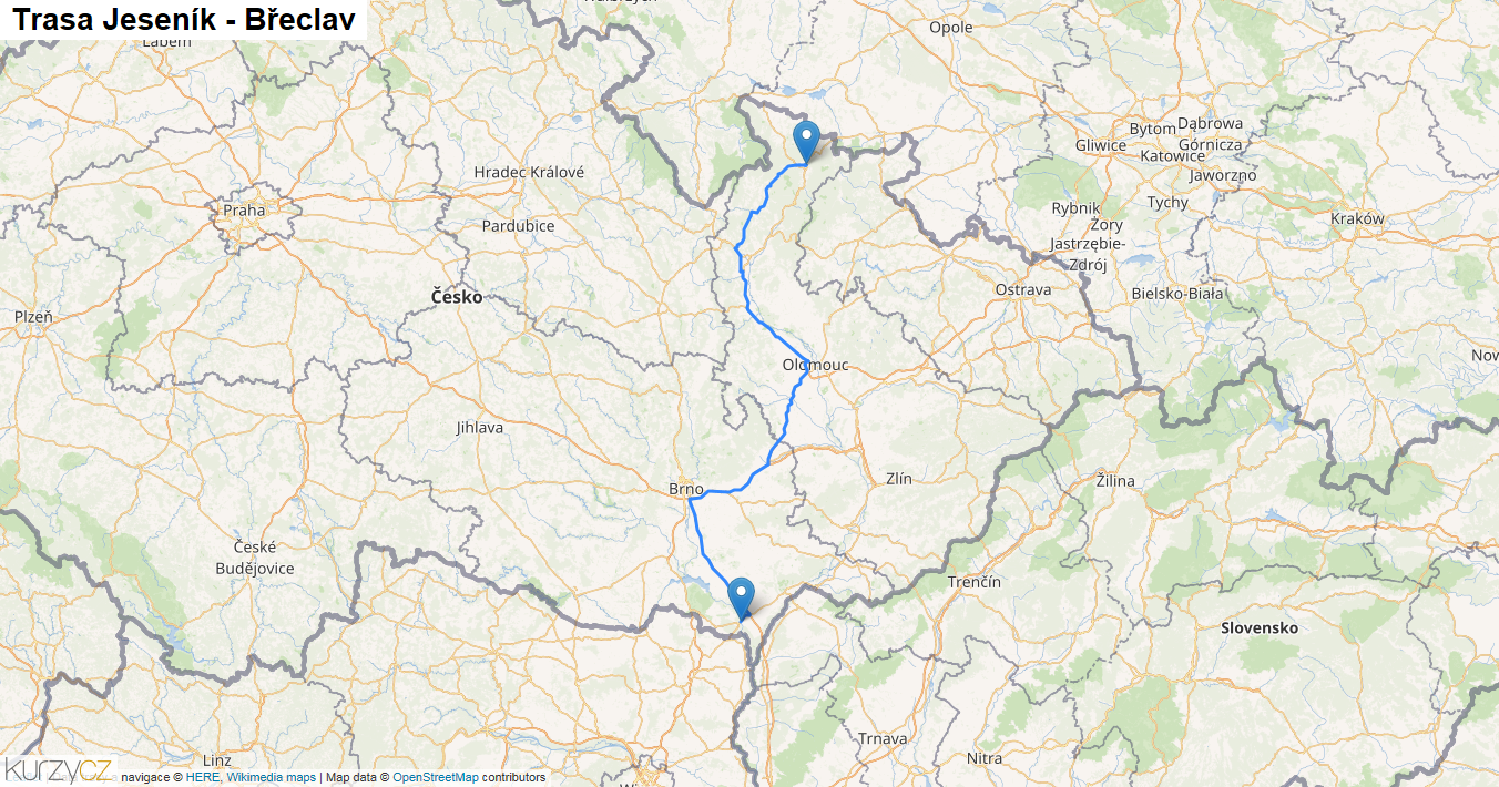 Jeseník-Břeclav, mapa trasy