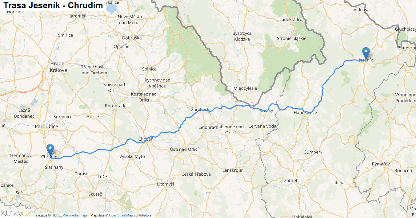 Jeseník-Chrudim, mapa trasy