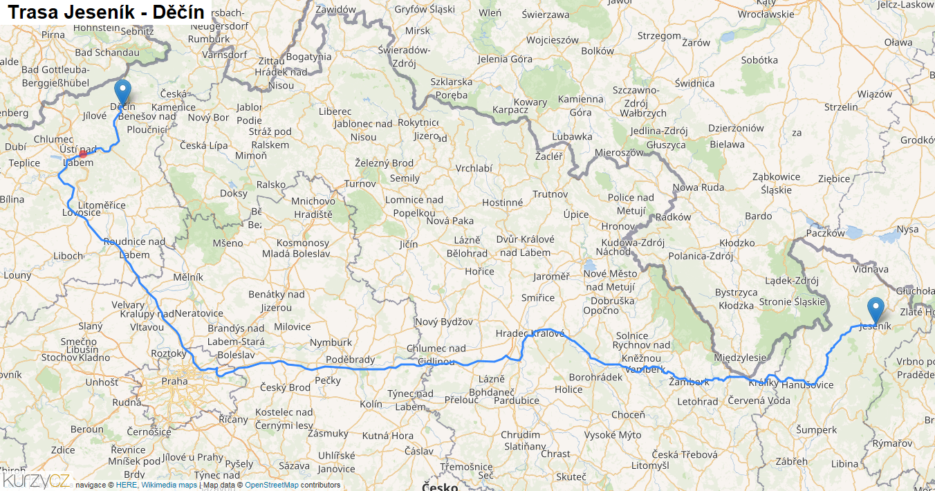 Jeseník-Děčín, mapa trasy