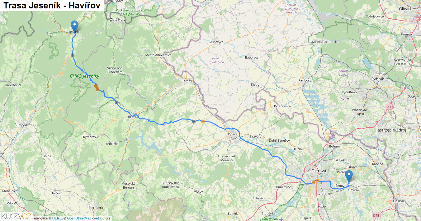 Jeseník-Havířov, mapa trasy