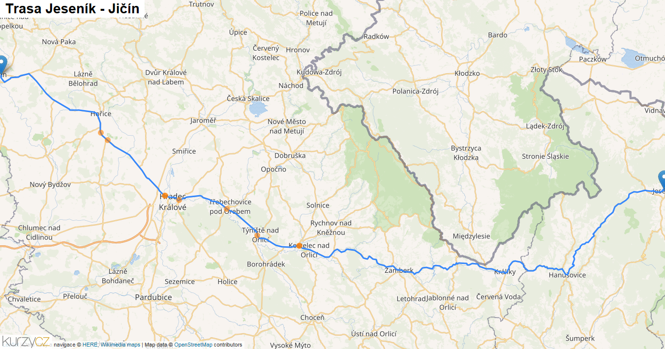 Jeseník-Jičín, mapa trasy