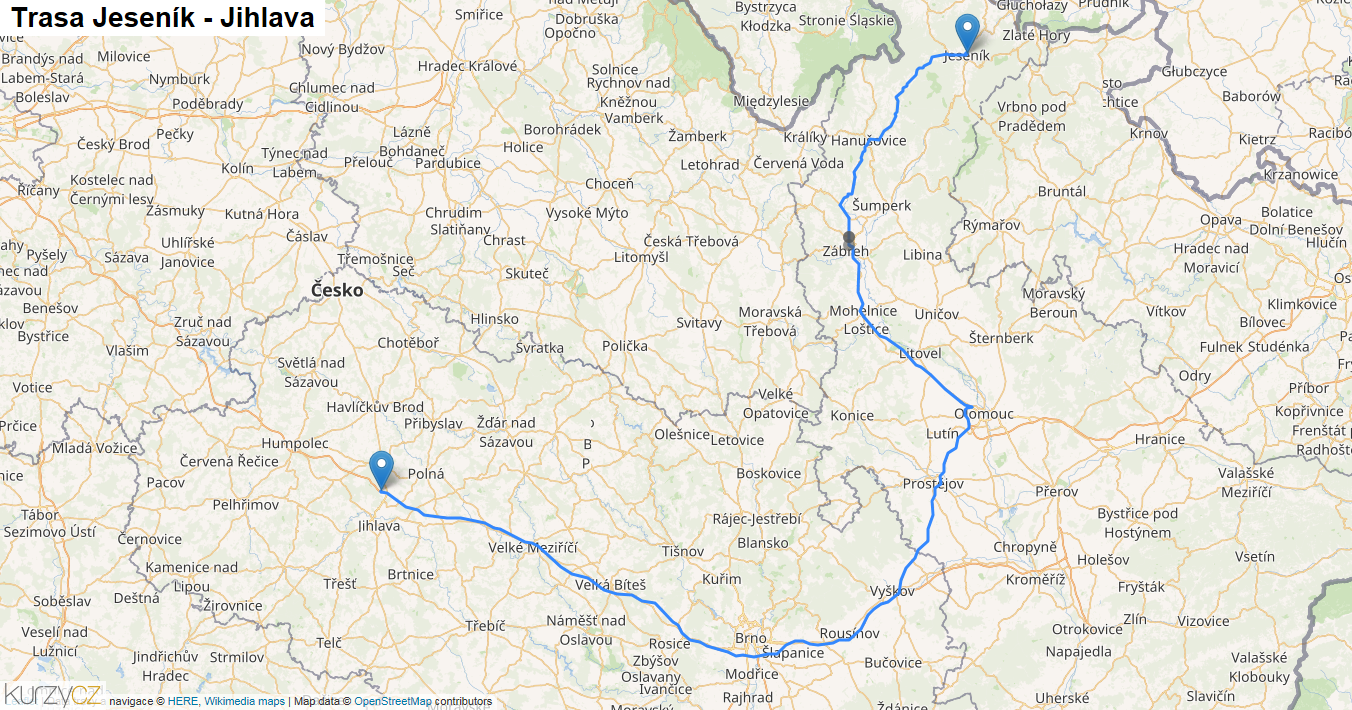 Jeseník-Jihlava, mapa trasy