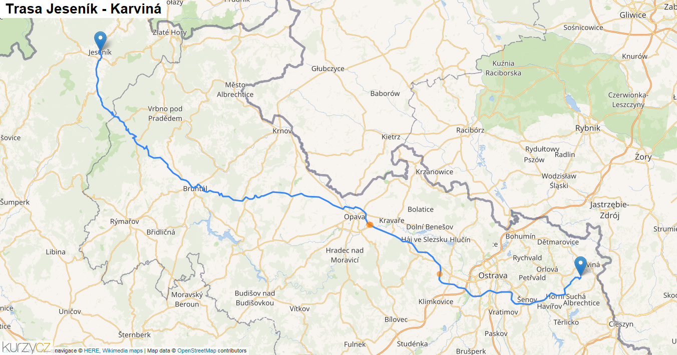 Jeseník-Karviná, mapa trasy