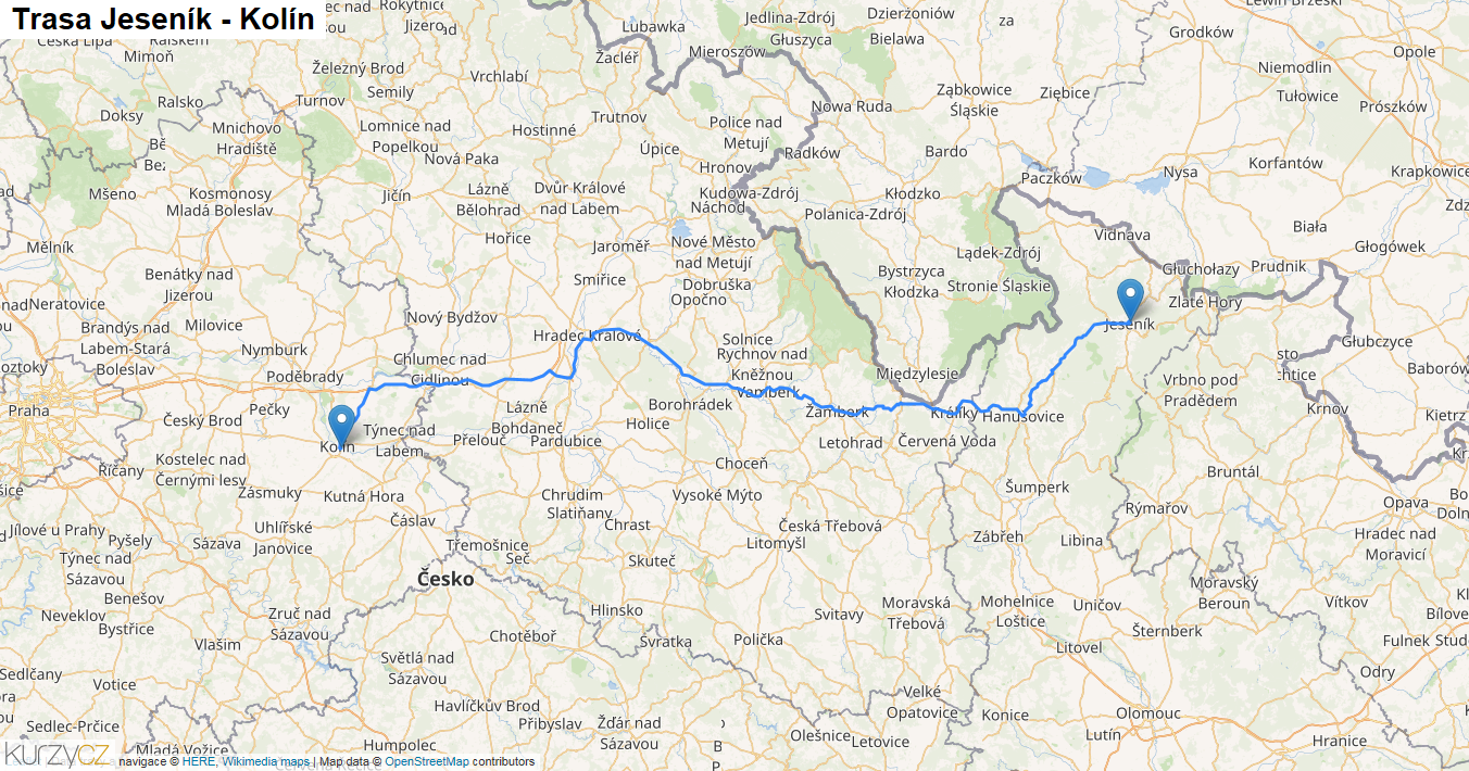 Jeseník-Kolín, mapa trasy