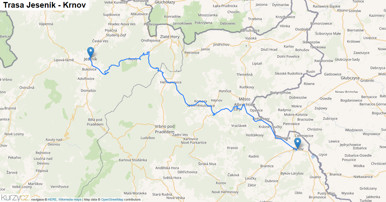 Jeseník-Krnov, mapa trasy