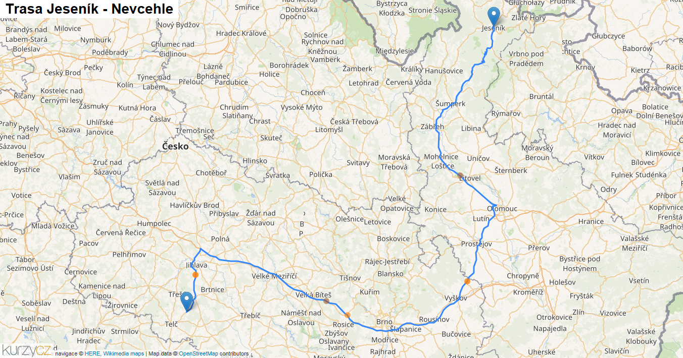Jeseník-Nevcehle, mapa trasy