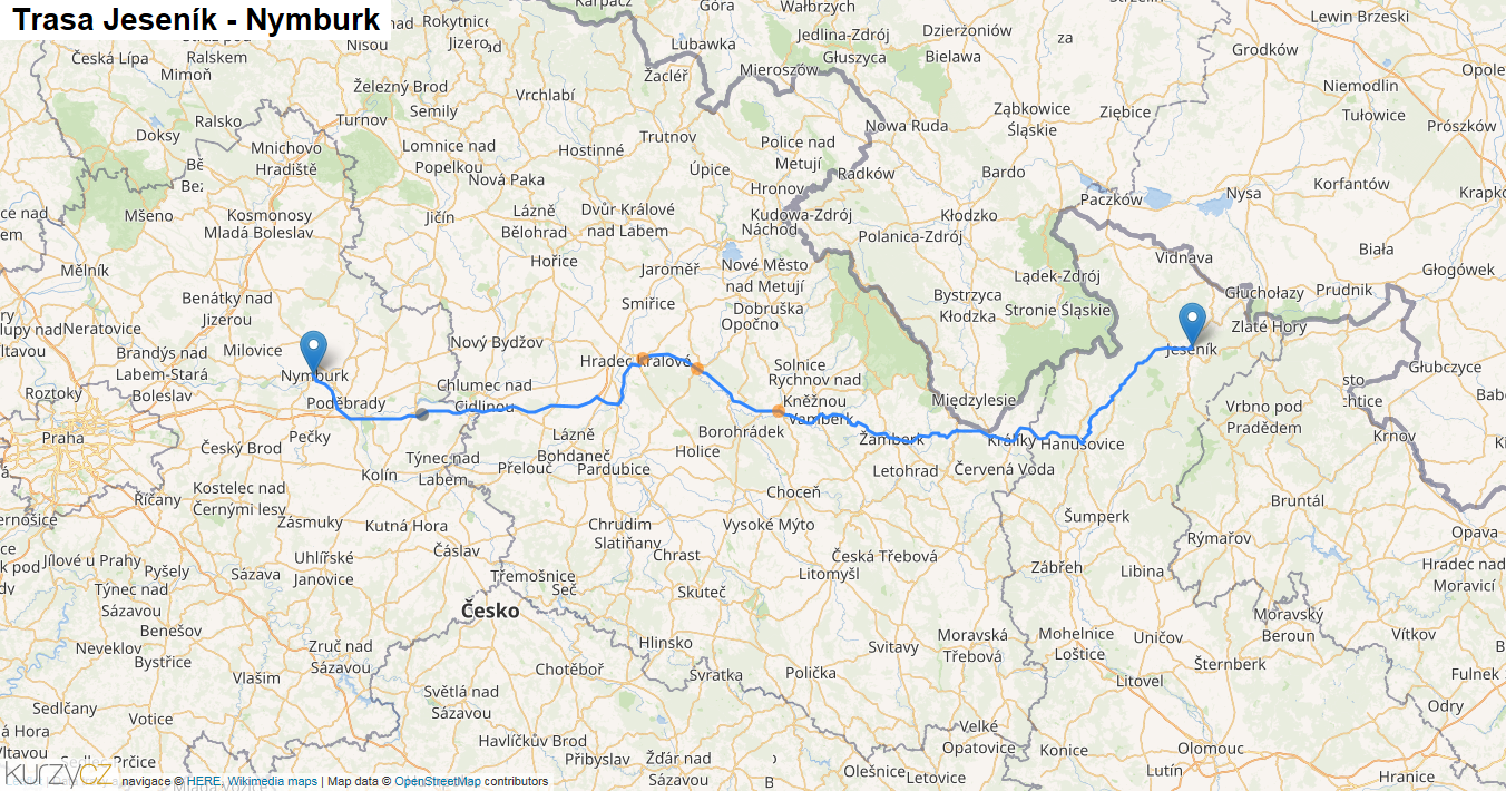 Jeseník-Nymburk, mapa trasy