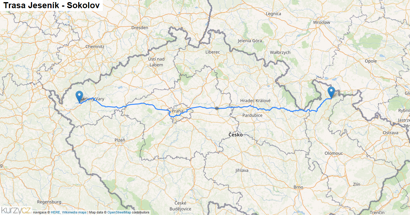 Jeseník-Sokolov, mapa trasy