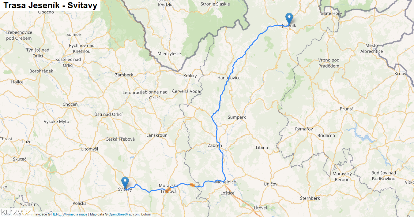 Jeseník-Svitavy, mapa trasy