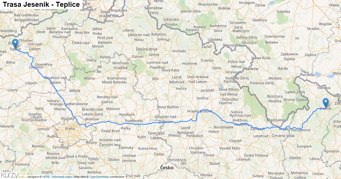 Jeseník-Teplice, mapa trasy