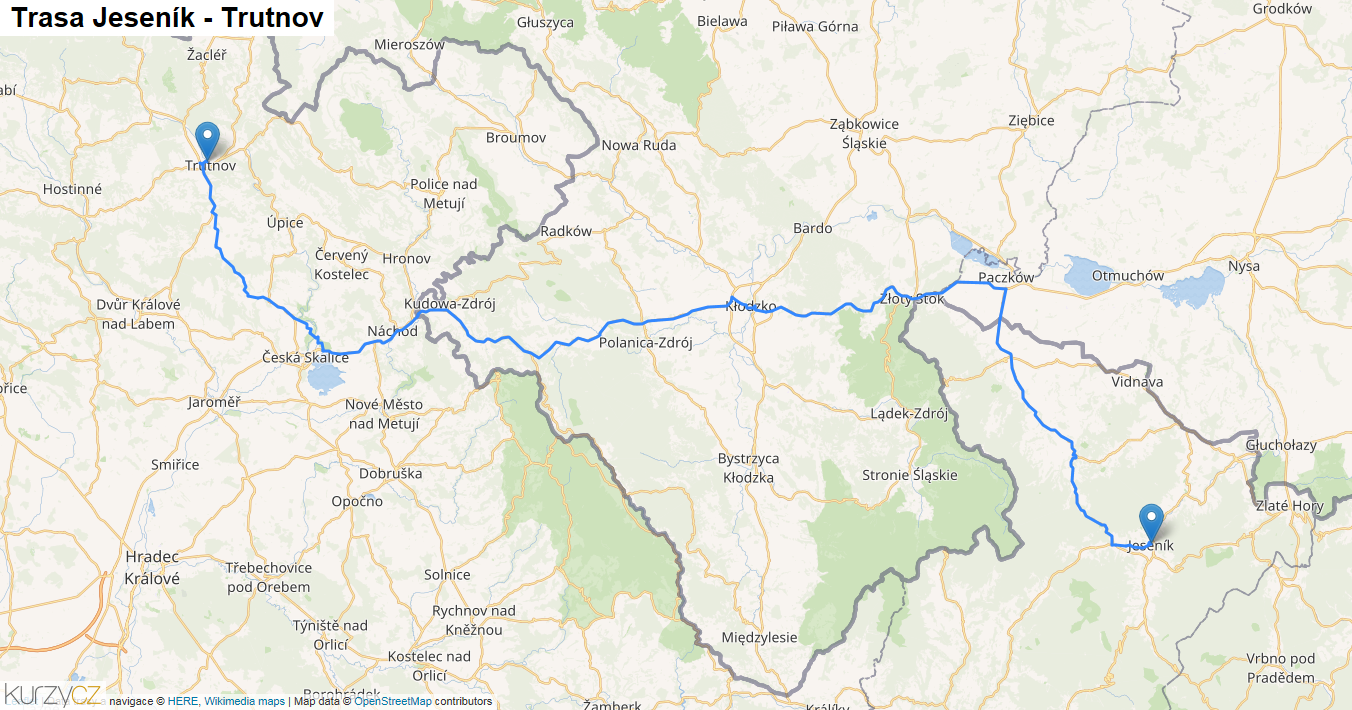 Jeseník-Trutnov, mapa trasy