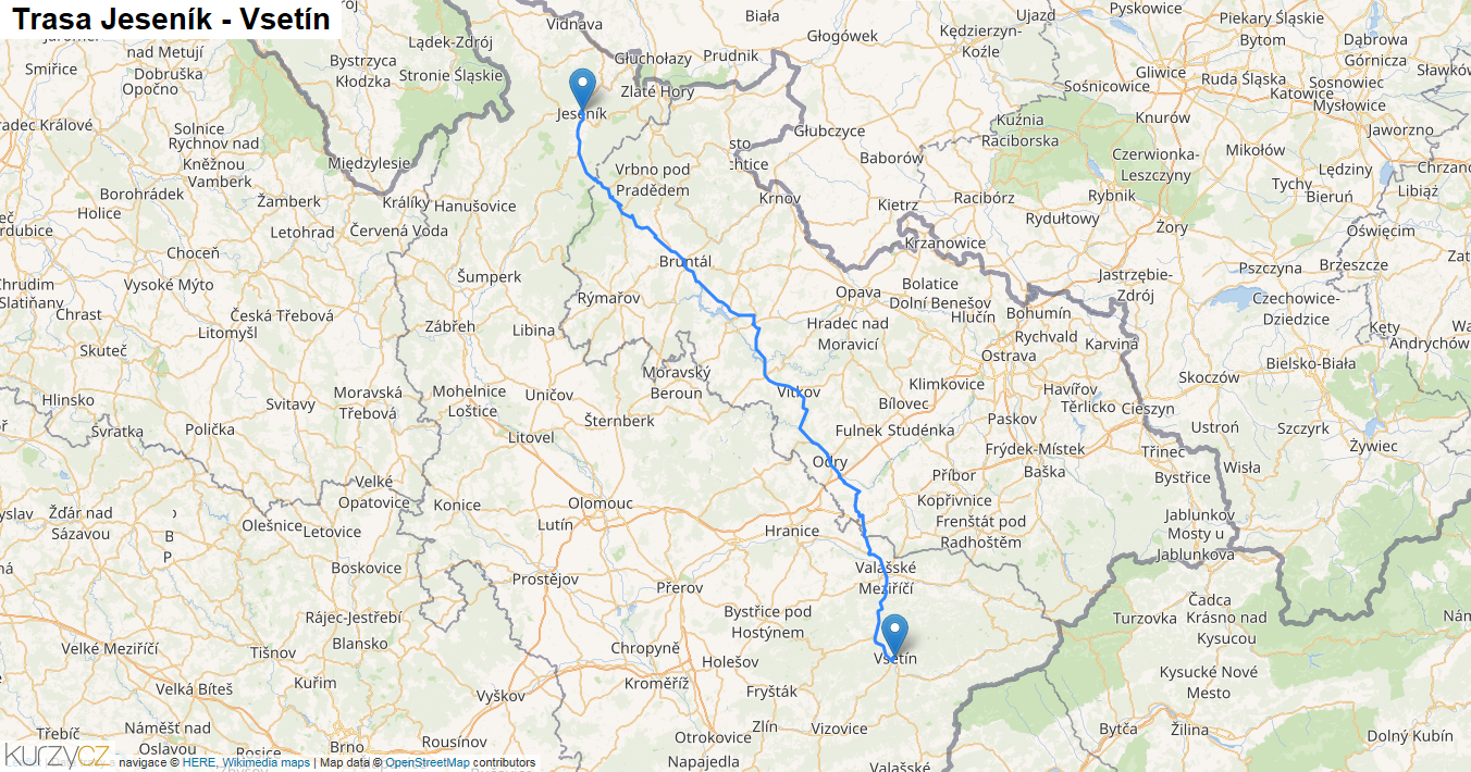 Jeseník-Vsetín, mapa trasy