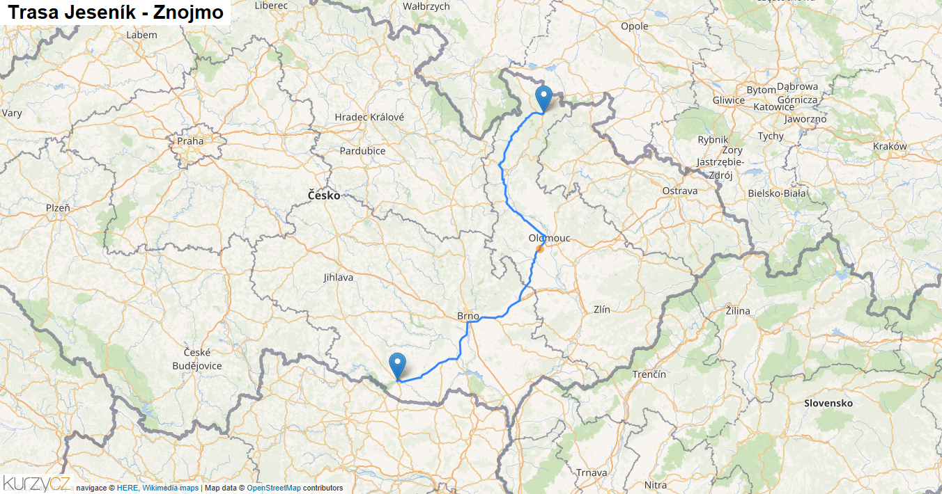 Jeseník-Znojmo, mapa trasy