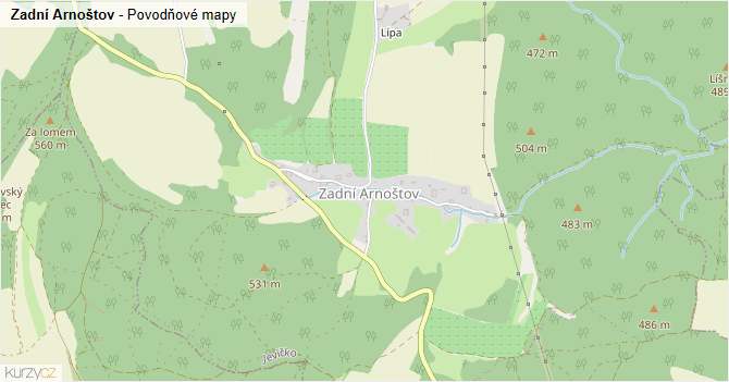 Zadní Arnoštov - záplavové mapy stoleté vody