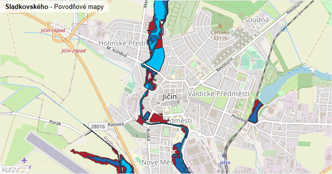 Sladkovského - záplavové mapy stoleté vody