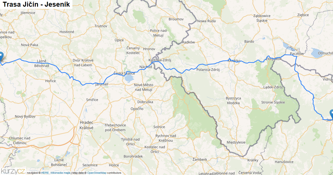 Jičín-Jeseník, mapa trasy