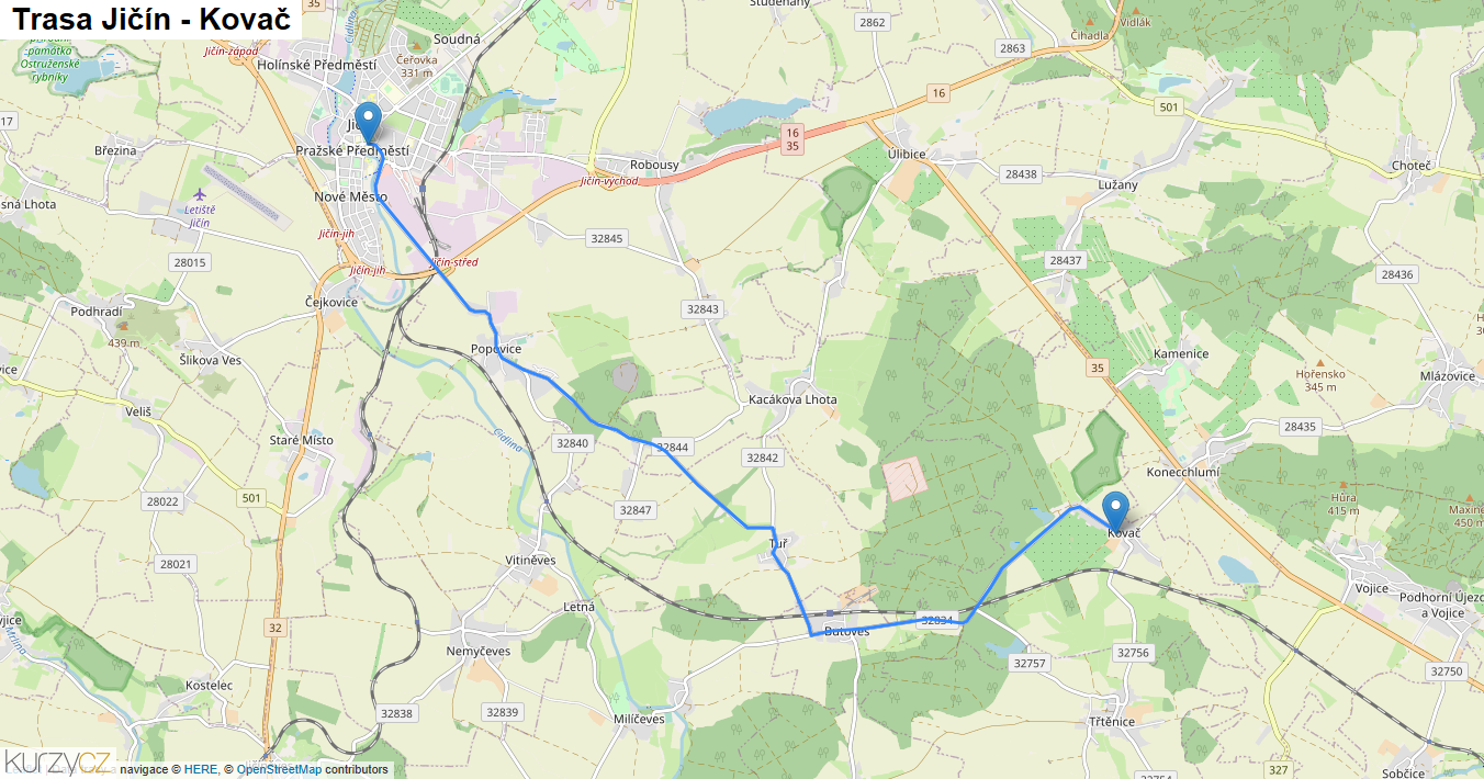 Jičín-Kovač, mapa trasy