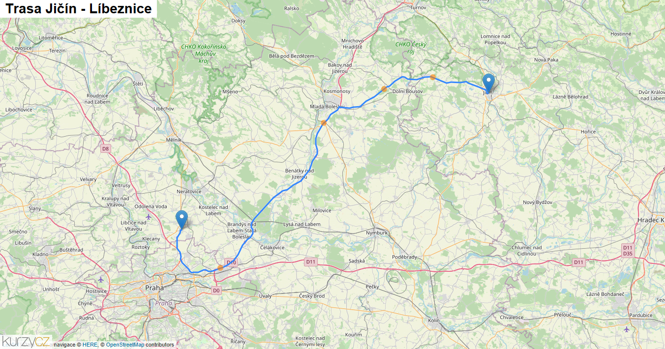 Jičín-Líbeznice, mapa trasy