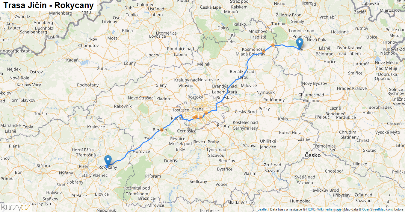 Jičín-Rokycany, mapa trasy