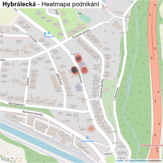 Mapa Hybrálecká - Firmy v ulici.