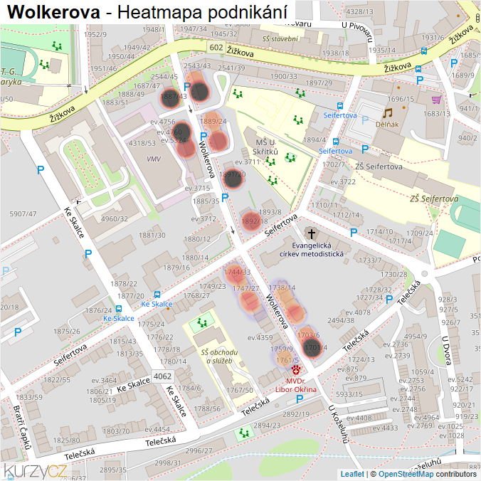 Mapa Wolkerova - Firmy v ulici.