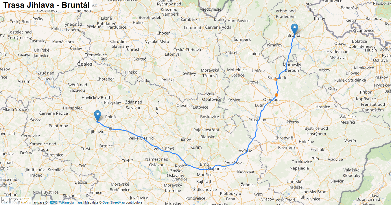 Jihlava-Bruntál, mapa trasy
