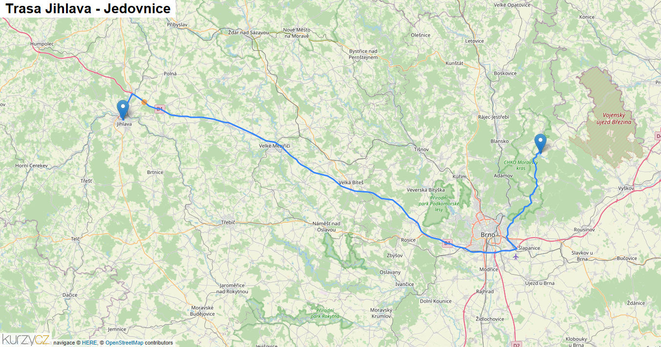 Jihlava-Jedovnice, mapa trasy