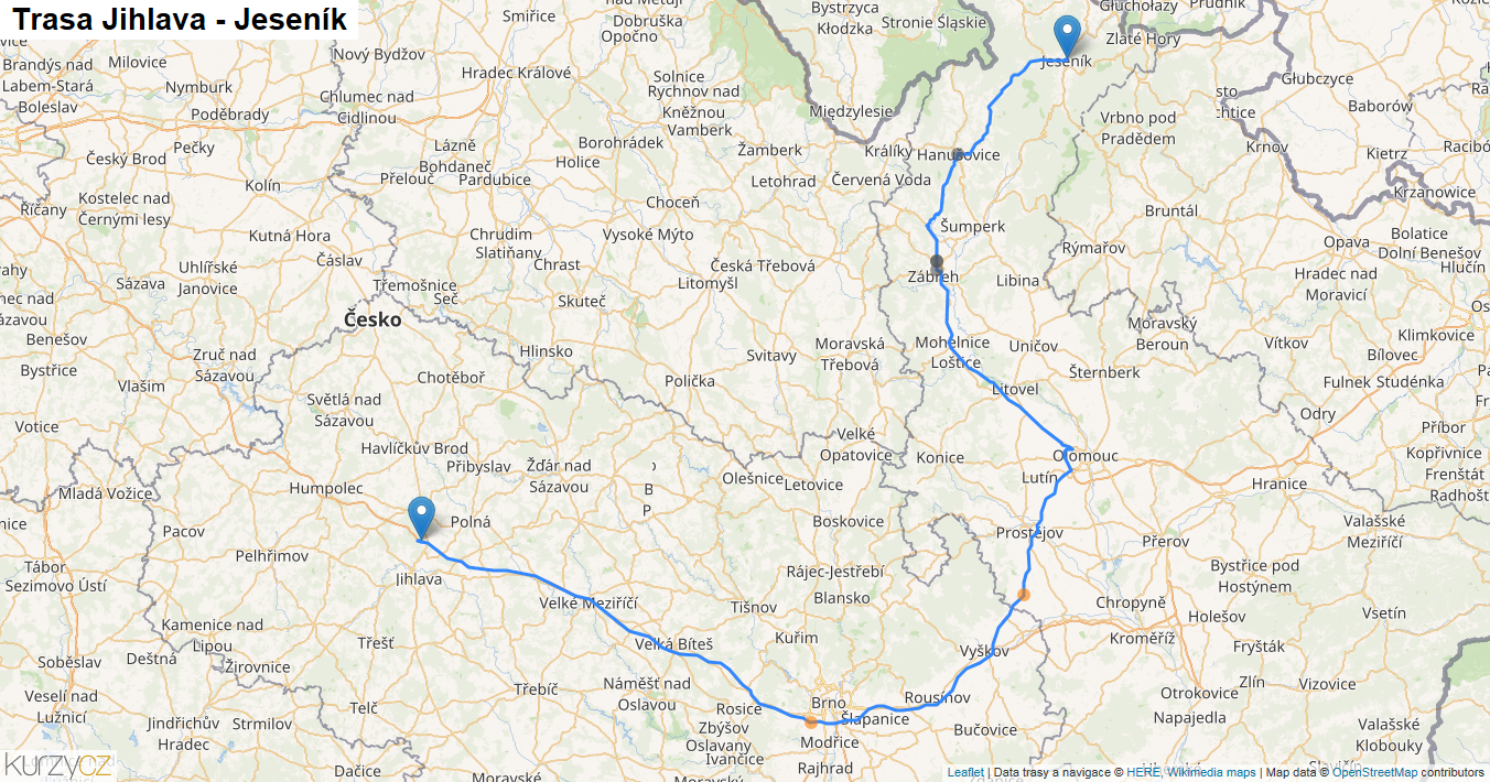 Jihlava-Jeseník, mapa trasy