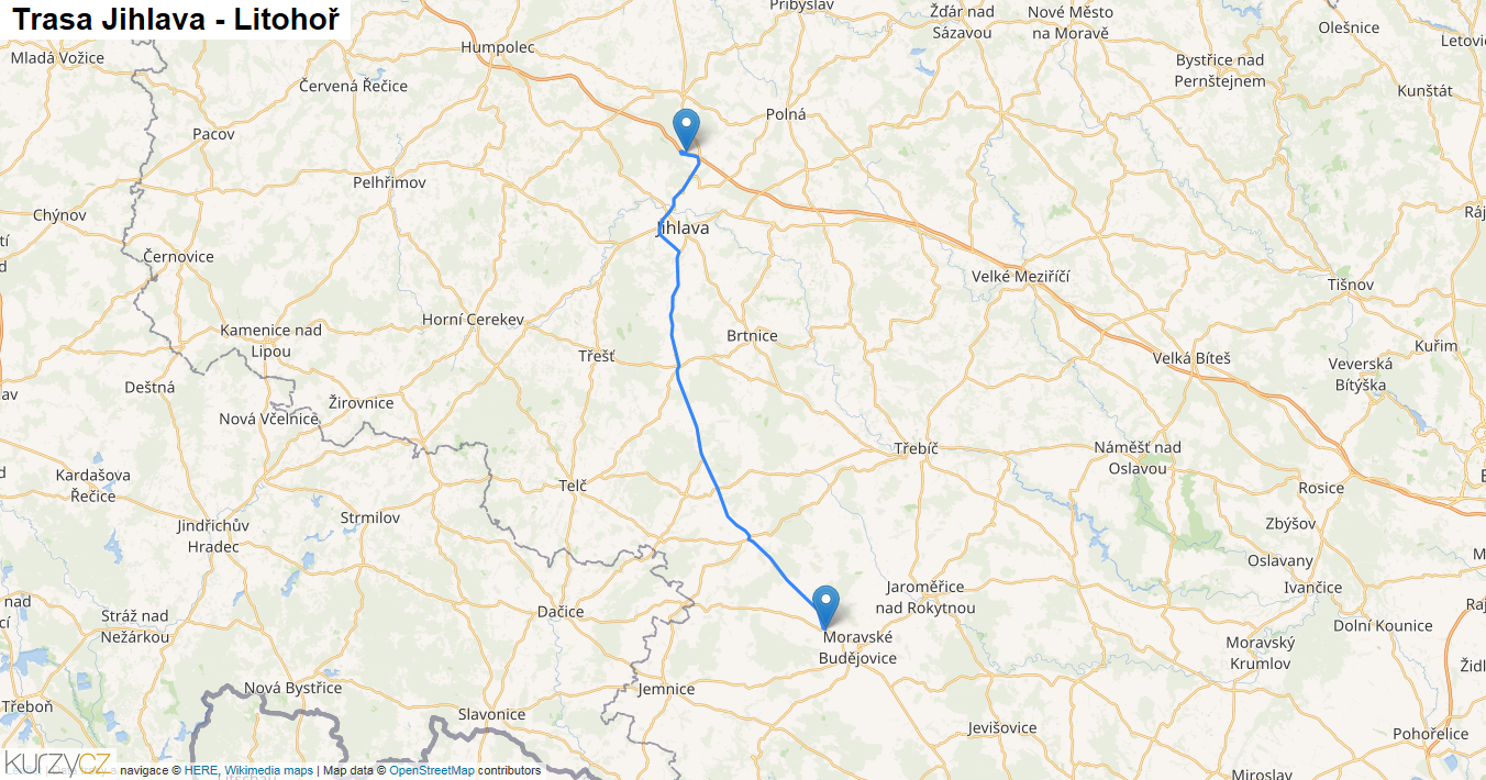 Jihlava-Litohoř, mapa trasy