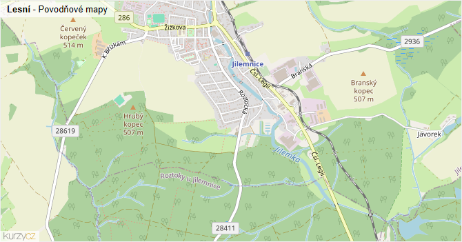 Lesní - záplavové mapy stoleté vody