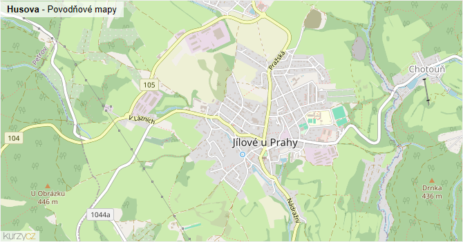 Husova - záplavové mapy stoleté vody