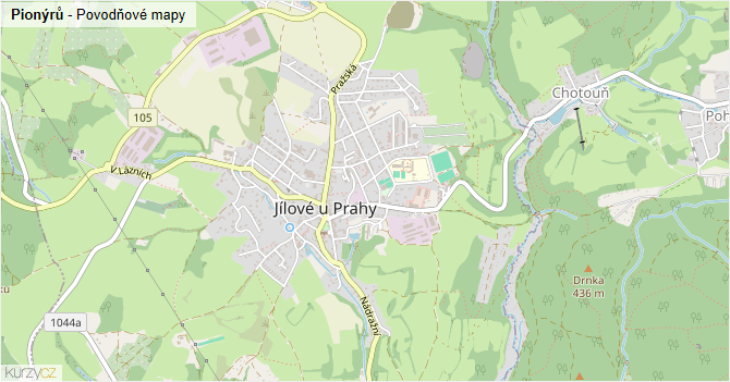 Pionýrů - záplavové mapy stoleté vody