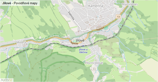Jílové - záplavové mapy stoleté vody