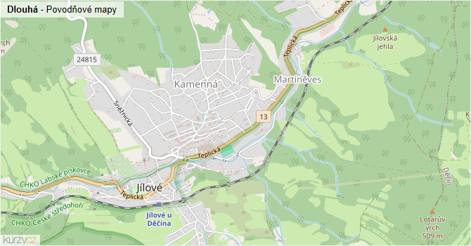 Dlouhá - záplavové mapy stoleté vody