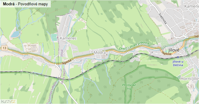 Modrá - záplavové mapy stoleté vody