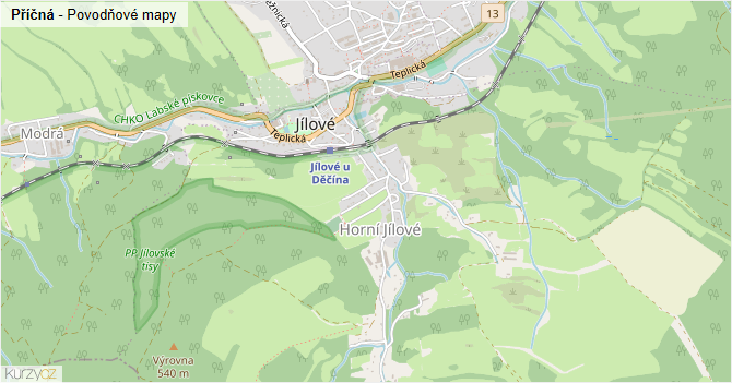 Příčná - záplavové mapy stoleté vody