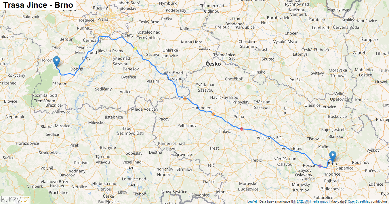 Jince-Brno, mapa trasy