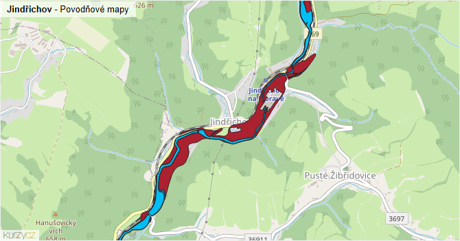 Jindřichov - záplavové mapy stoleté vody