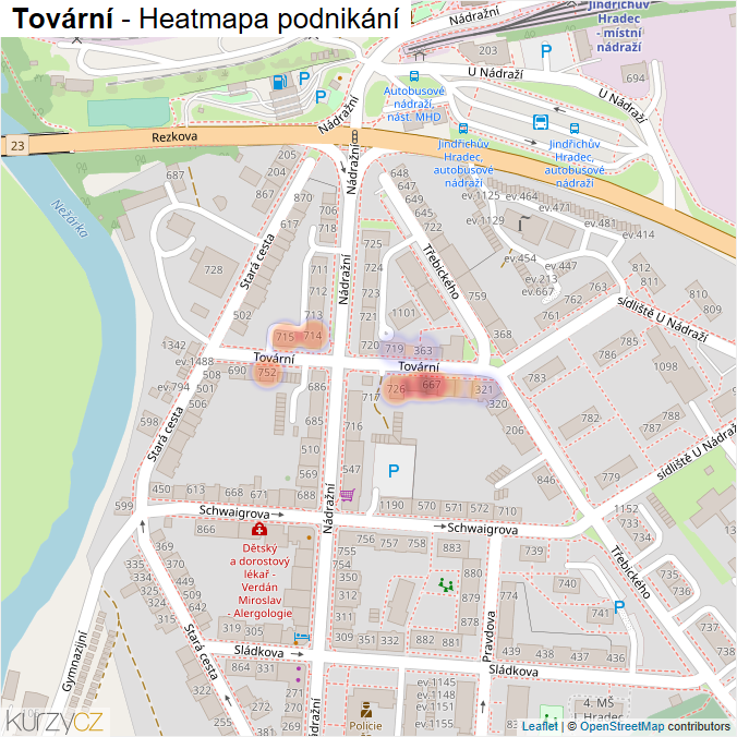 Mapa Tovární - Firmy v ulici.