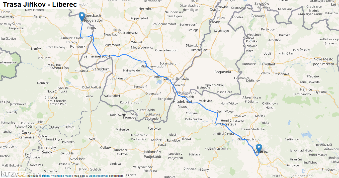 Jiříkov-Liberec, mapa trasy