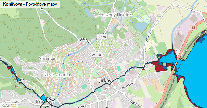 Koněvova - záplavové mapy stoleté vody