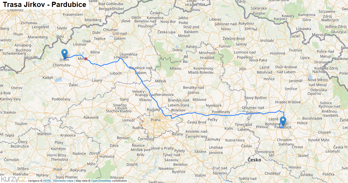 Jirkov-Pardubice, mapa trasy